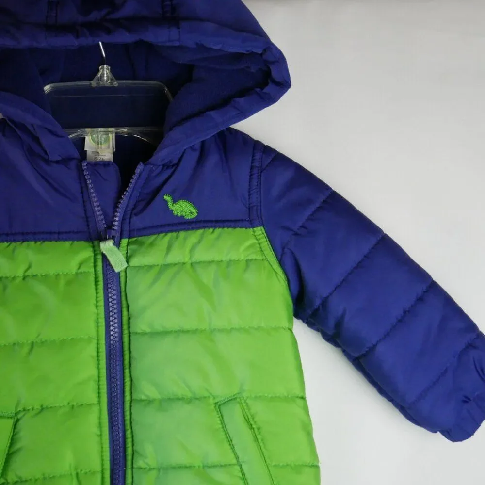 Little Me Baby Boys' 12M Quilted Puff Jacket Green Fleece Lined Front Zip Hood